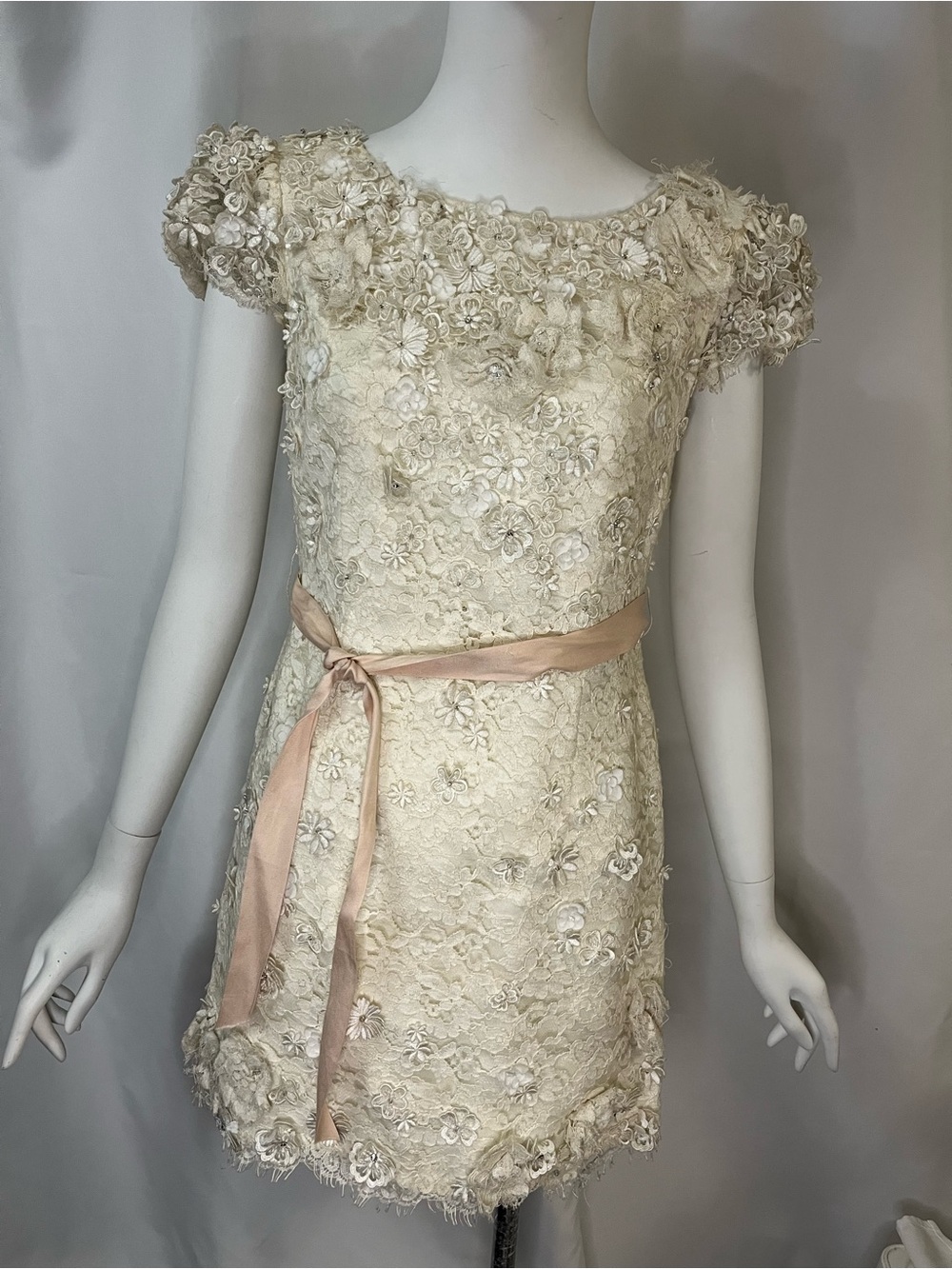 Tulle Cream Lace Beaded Floral Dress with Pink Sash